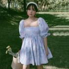 Puff-sleeve Flower Print Mini A-line Dress