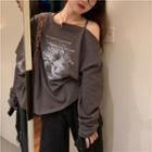 Long-sleeve Cold-shoulder Print T-shirt Dark Gray - One Size