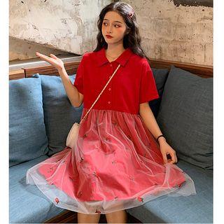 Short-sleeve Mesh Overlay Polo Dress