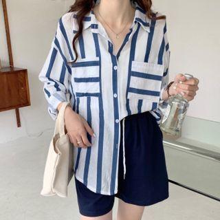 Set : Striped Shirt + High-waist Shorts