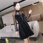 Long-sleeve Mock Neck Lace Panel Mini A-line Velvet Dress