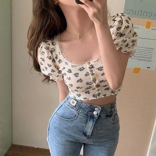Puff-sleeve Square-neck Floral Top As Figure - One Size