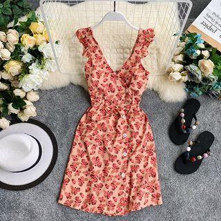 Sleeveless Frill Trim Buttoned A-line Mini Dress Tangerine Red - One Size
