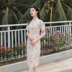 Short-sleeve Floral Print Sheath Qipao Dress