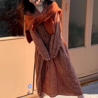 Floral Long-sleeve Midi Dress / Knit Scarf / Turtleneck Top