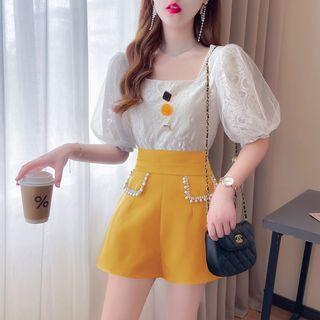 Set: Short-sleeve Square Neck Lace Blouse + Beaded Shorts