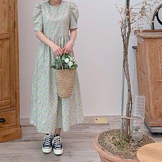Puff-sleeve Floral Print Dress Purple - One Size
