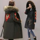 Embroidered Drawstring Hooded Padded Coat