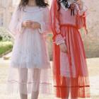 Long-sleeve Frill-trim Midi A-line Mesh Dress