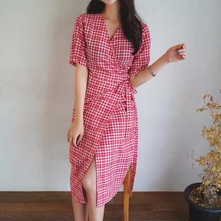 Tie-waist Check Wrap Dress