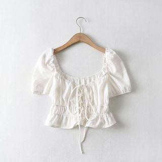 Plain Short-sleeve Tie-front Cropped Top