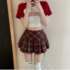 Short-sleeve Lettering Raglan Cropped T-shirt / Plaid Mini A-line Skirt