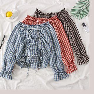 Boatneck Drawstring Checked Blouse