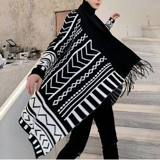 Patterned Fringed Trim Cardigan Black - One Size