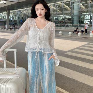 Camisole Top / Tie-front Lace Cardigan / Print Wide Leg Pants