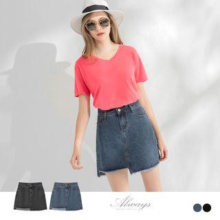 Uneven Raw Edge A-line Denim Skirt