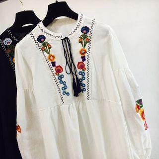 Long-sleeve Floral Embroidery Dress
