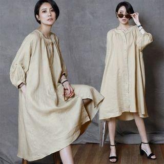 3/4-sleeve Loose-fit Linen Blend Shirtdress Beige - One Size