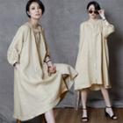 3/4-sleeve Loose-fit Linen Blend Shirtdress Beige - One Size
