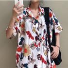 Elbow-sleeve Oversized Floral-print T-shirt