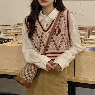 Applique V-neck Knit Vest / Long Sleeve Plain Shirt (various Designs)