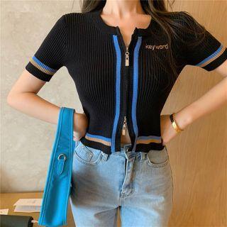 Contrast Color Short-sleeve Zip Cropped Knit Top