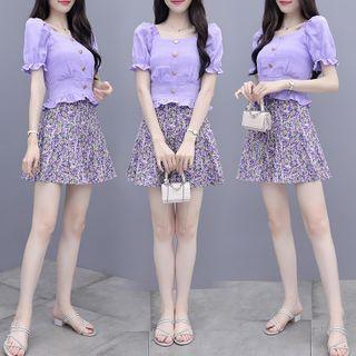 Set: Short-sleeve Frill Trim Top + Floral Print Mini A-line Chiffon Skirt