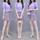 Set: Short-sleeve Frill Trim Top + Floral Print Mini A-line Chiffon Skirt