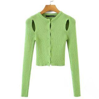 Long-sleeve Plain Cutout Cropped Knit Top