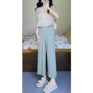 Elbow-sleeve Blouse / High Waist Wide Leg Pants / Set