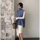 Turtleneck Knit Vest / Long-sleeve Mock-neck Midi Dress