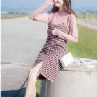 Set: Plain Knit Top + Spaghetti Strap Plaid Mini Knit Dress