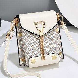 Checker Print Studded Flap Crossbody Bag