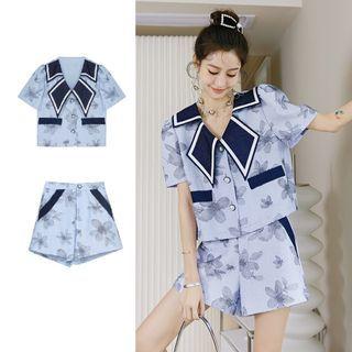 Short-sleeve Cropped Blouse / Wide Leg Shorts