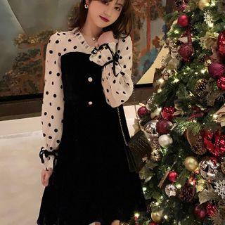Dotted Chiffon Panel Long-sleeve A-line Dress