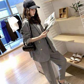 Set: Plain Double-breasted Blazer + Cropped Harem Pants