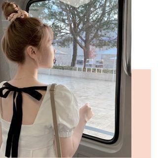 Bow-accent Square-neck Short-sleeve Blouse