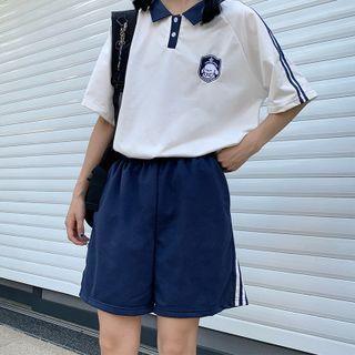 Set: Elbow-sleeve Dog Embroidered Collared T-shirt + Striped Shorts