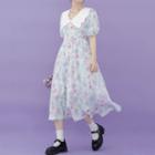 Short-sleeve Wide Collar Floral Midi A-line Dress Floral - Purple - One Size