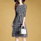 3/4-sleeve A-line Patterned Chiffon Dress