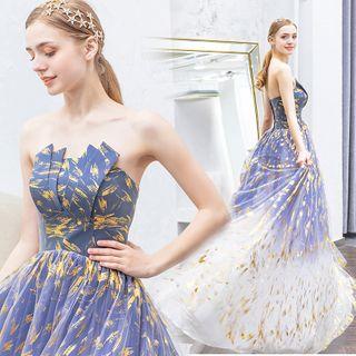 Printed Strapless A-line Evening Gown