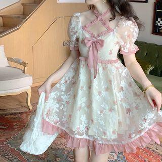 Puff-sleeve Floral Bow Accent A-line Dress