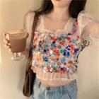 Floral Print Sequined Camisole Top / Puff-sleeve Mesh Top