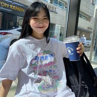Short-sleeve Rabbit Print Lettering T-shirt