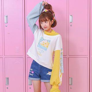 Puff-sleeve Mock-neck Cartoon Print Pullover