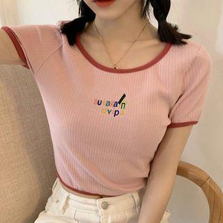 Contrast Trim Embroidered Cropped Knit Top