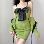 Set: Spaghetti Strap Bow Mini Bodyocn Dress + Cardigan