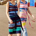 Sleeveless Striped Knit Dress With Sash