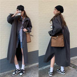 Plain Button-up Long Coat Gray - One Size