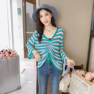 Long-sleeve Drawstring Striped Knit Top